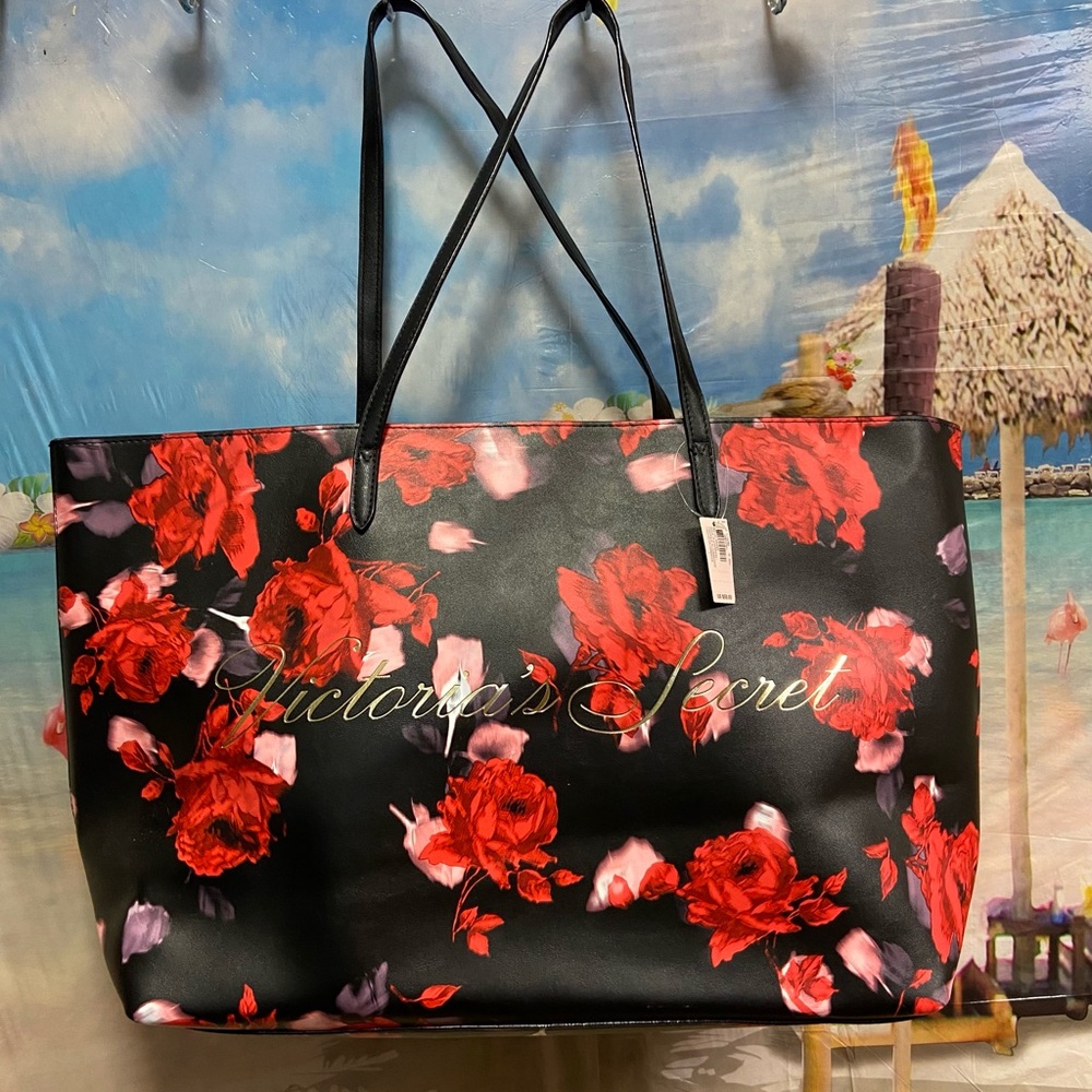 Victoria's Secret Black and Red Rose Tote